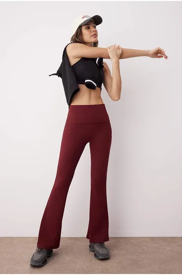 Burgundy Brushed Soft Fabric Waist Fold Detail Flare/Flare Leg Yoga Knitted Sports Leggings