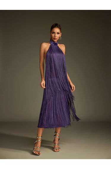 Lujayn Halterneck Fringe Midi Dress