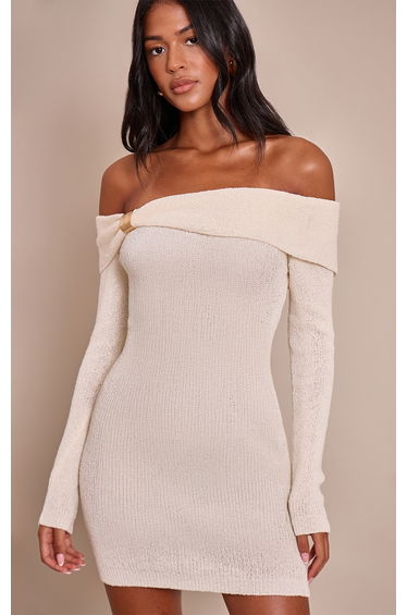 Tall Cream Bardot Trim Detail Knitted Dress