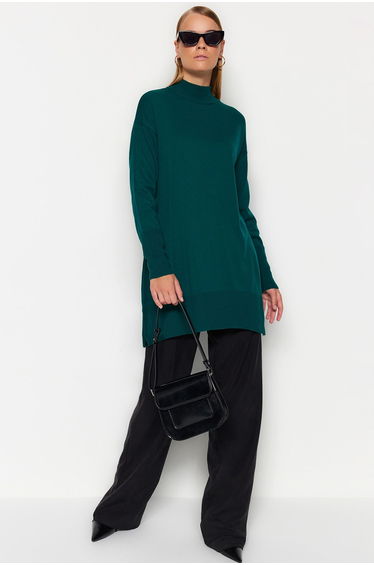 Dark Green High Neck Knitwear Sweater