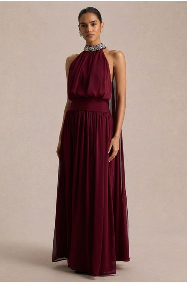 Marie | Burgundy Halter-Neck Maxi Dress With Embellished Detailing