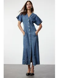 Blue Stitching Detailed Maxi Denim Dress - 1
