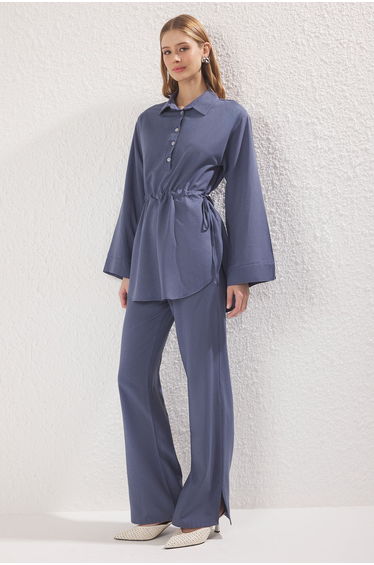 Navy Blue Linen Blended Mother-of-Pearl Buttoned Woven Bottom-Top Set