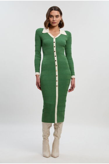 Petite Viscose Rib Stitch Detail Contrast Colour Button Knit Midi Dress