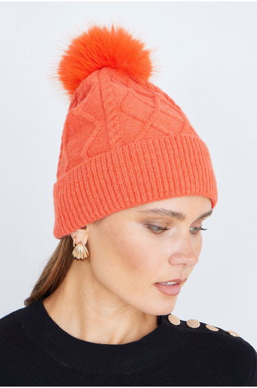 Yumi Orange Cable Knit Bobble Hat