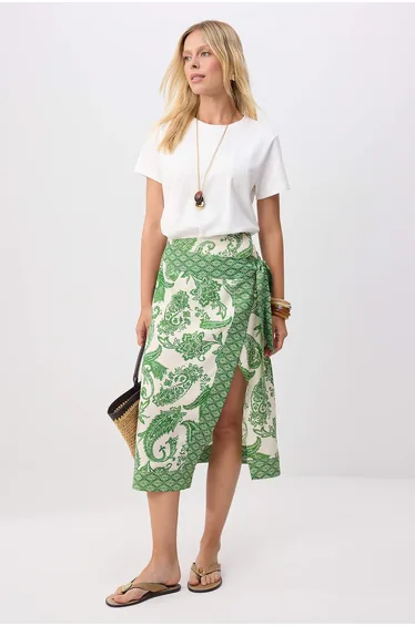 Green Shawl Patterned 100% Viscose Double Breasted Skirt