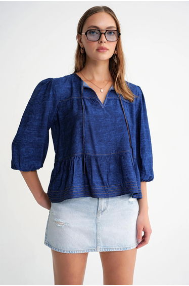 Mixray Denim Looking Ruffled Balloon Sleeve top
