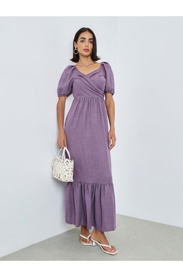 Lilac Fold Pleats Puff Sleeves A-Line Maxi Dress
