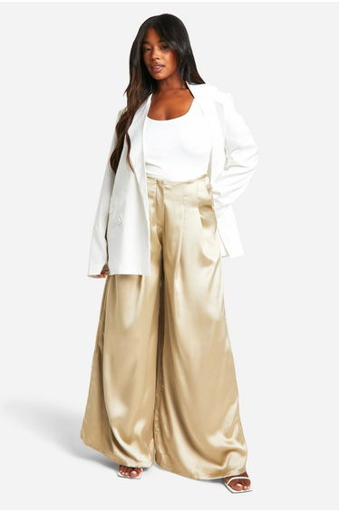 Plus Satin Pleat Detail Tailored Wide Leg Trouser - champagne