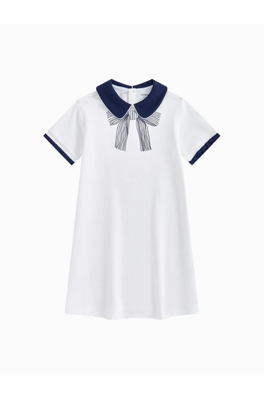 Girls' Short Sleeve Flowy Dress With Contrast Line Sleeves