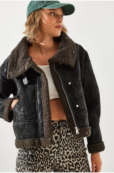 Women's Laminated Short Coat with Buckle Collar