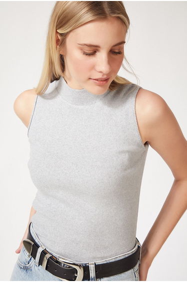 Women's Stone Gray Turtleneck Cotton Knitted Blouse