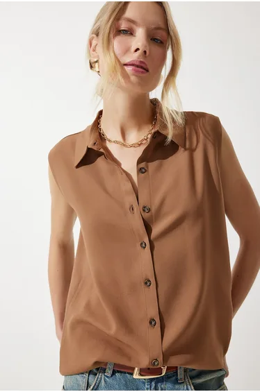 Women's Medium Brown Sleeveless Viscose Shirt