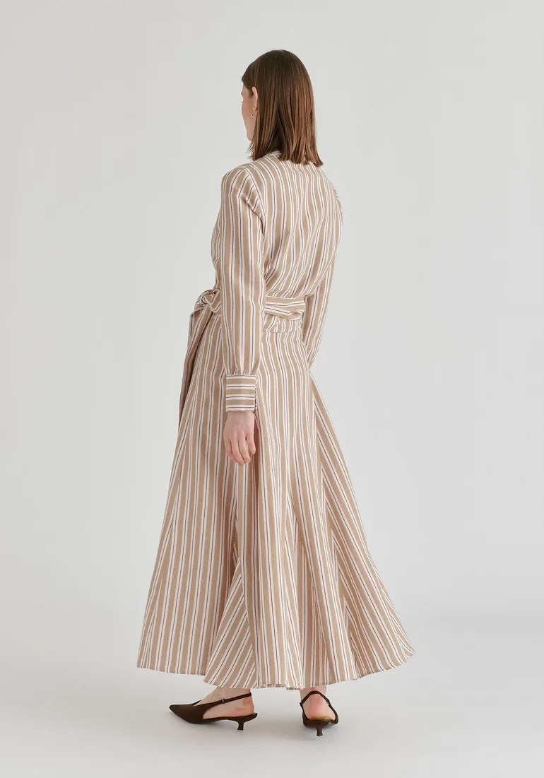 Striped Flared Maxi Skirt with Godet Paneling - 7