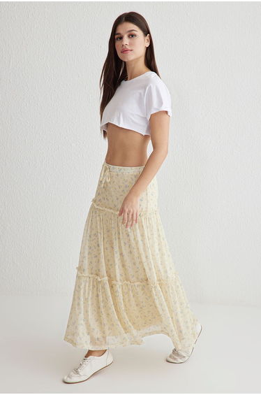 Light Yellow Tulle Floral Printed Gathered/Draped Detail Flexible Skirt