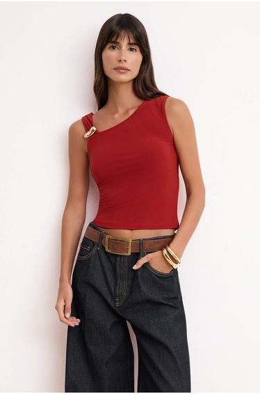 Tile Fitted/Fitted to the Body Asymmetrical Neckline Accessory Detail Flexible Knitted Blouse