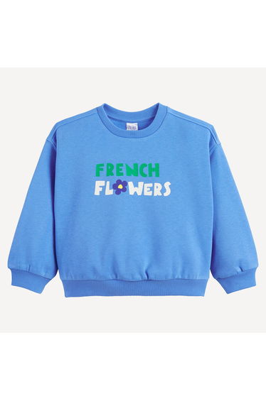 Fleece Crew Neck Sweatshirt Wit French Flowers Slogan Printed On Front