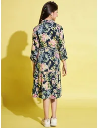 Girls Floral Print Waist-Tie Collared Midi Dress - 4