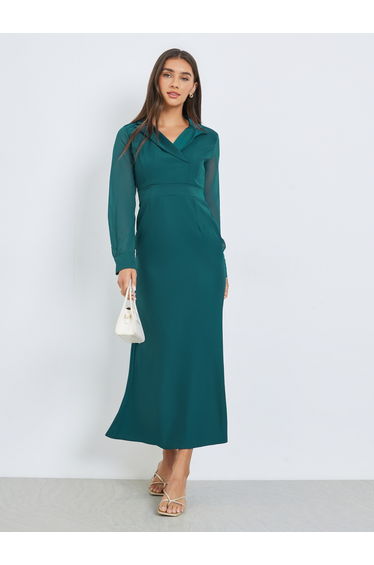 Teal Plain Long Sleeves Blazer Maxi Dress