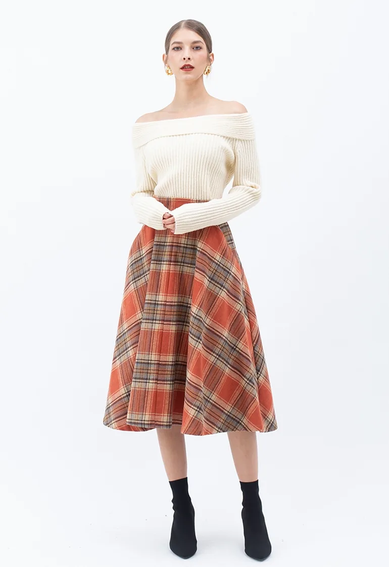Multicolor Check Print Wool-Blend A-Line Skirt - 2