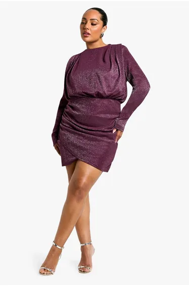 Plus Shoulder Pad Ruched Glitter Dress - plum