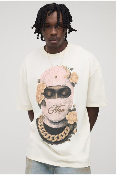 Tall Oversized Man Floral Ski Mask Print T-Shirt - ecru