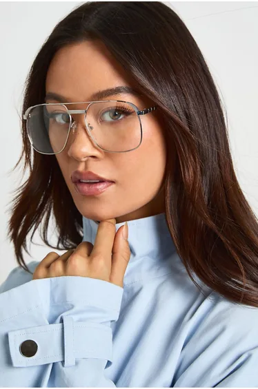 Silver Metal Framed Blue Light Aviator Glasses - gold