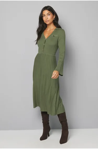 Statement Button Pleated Knitted Dress