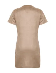 Mink Crew Neck Stone Detailed Shift/Straight Mini Suede Knitted Dress - 6