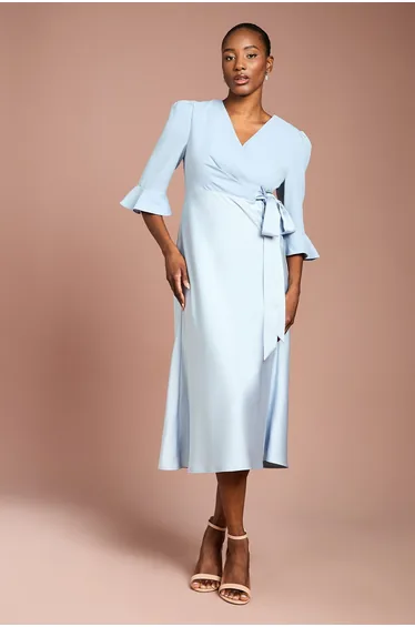 Ruffle Sleeve Satin Back Crepe Wrap Dress