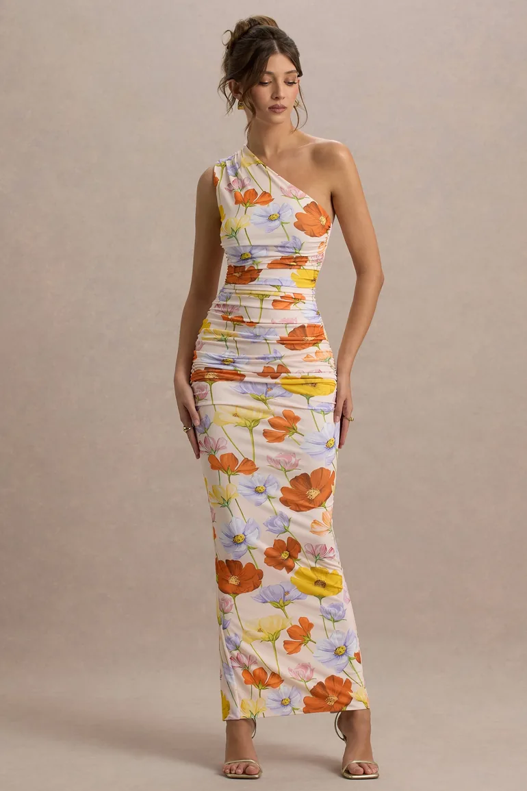 Dalarie | Bright Floral Print One-Shoulder Gathered Maxi Dress - 2