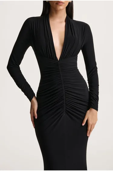 Tami | Black Plunge-Neck Long Sleeve Maxi Dress