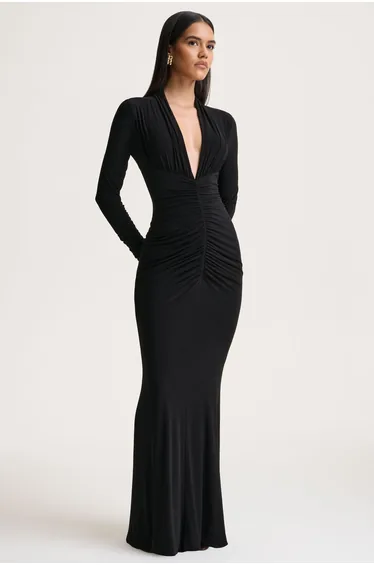 Tami | Black Plunge-Neck Long Sleeve Maxi Dress
