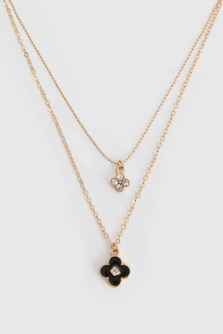 Diamante and Black Enamel Clover Layered Necklace - gold - 1