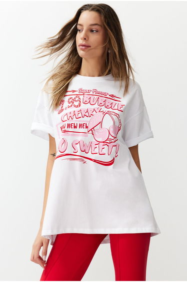 White 100% Single Jersey Printed Oversize/Casual Fit Knitted T-Shirt