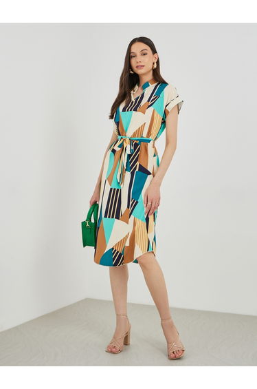 Graphic Print Short Sleeve Belted Knee Length Dress
