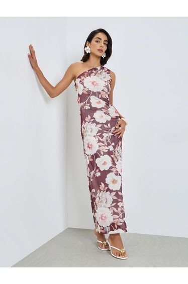 Brown Floral One-Shoulder Maxi Dress