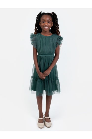 Mini Anaya Recycled Emerald Flutter Sleeve Midi Dress with Bow Detail