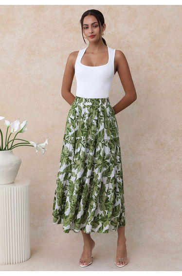 Tropical Floral Printed Elastic Waist Maxi Skirt in Green