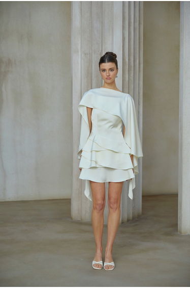 Lyna White Satin Ruffled Mini Dress with Shawl Panel Detail