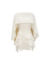 Lyna White Satin Ruffled Mini Dress with Shawl Panel Detail - 6