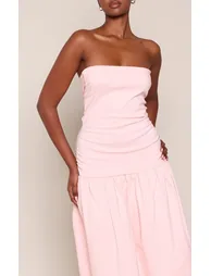 Baby Pink Stretch Woven Bandeau Ruched Maxi Dress - 3
