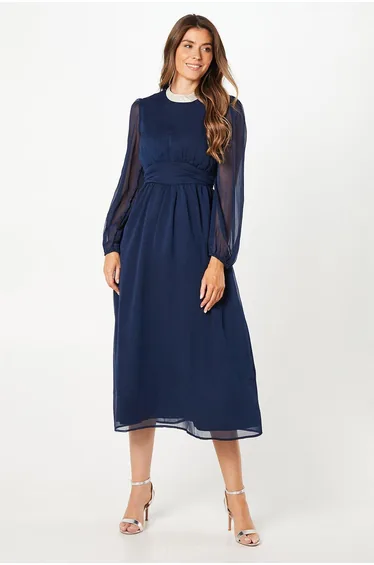 Foil Trim Gathered Waist Midi Dress