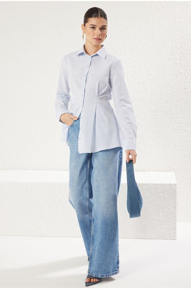 Blue Waist Pleated Cotton Woven Shirt