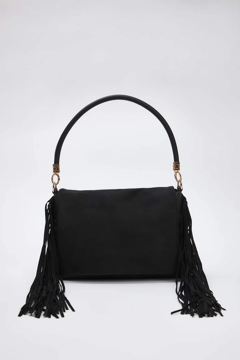 Black Suede Tassel Detailed Women's Shoulder and Hand Bag - 2