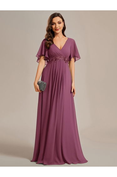ever IVYROSE|Ruffles Sleeve A-Line Chiffon Waist Applique Maxi Formal Evening Dress
