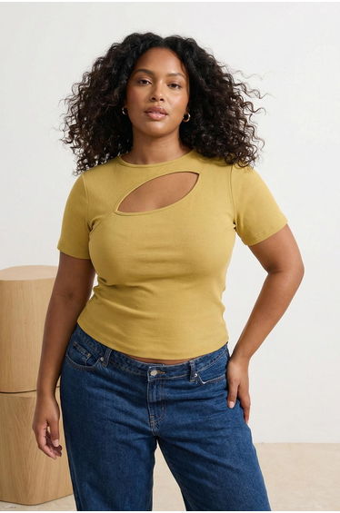 Oil Green Fitted/Bodycon Cut-Out Detailed Crop Knitted Blouse