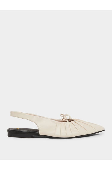 Beige Pleated Slingback Flat Shoes