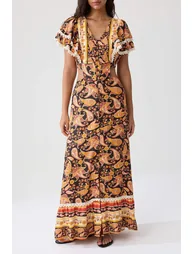 Multi-Colored Ethnic Patterned Lace Detailed Skater/Waist Cutout Midi Woven Dress - 2