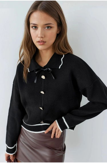 MY FASHION Textured Polo Neck Knit Sweater with Ribbon Detail